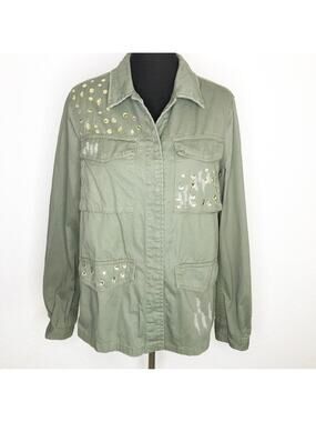 Jean Pascale army green distressed studded snap front shacket size 40 or US 10